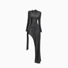High-grade grey long-sleeved dress 2025 waist-hugging hip-wrapped slit long skirt R1283