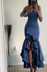 Sexy Mermaid Strapless Ruffles Long Prom Dress Party Dress S5673