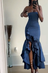 Sexy Mermaid Strapless Ruffles Long Prom Dress Party Dress S5673