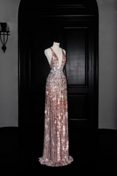 Pink sequined suspenders deep V sexy waist slim long skirt, prom dress R5690
