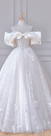 White Off-the-Shoulder Fitted-Waist Slim-Fit Puffy Hem Elegant Bridal Gown R5925