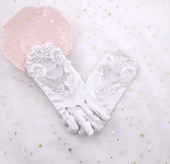 Lace Beaded Satin Stretch Children Wedding Dress Flower Girl Dress Gloves Performance Dance S6247