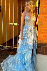 Light Blue Corset Lace Tiered Tulle Long Formal Dress S2496