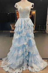 Light Blue Corset Lace Tiered Tulle Long Formal Dress S2496