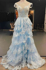 Light Blue Corset Lace Tiered Tulle Long Formal Dress S2496