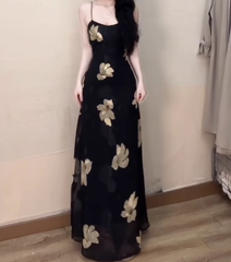 Large size French sexy printed suspender dress with waist and beautiful slim long skirt R1849