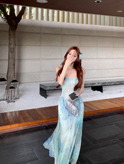 Blending fishtail skirt waist slimming princess holiday suspender dress long skirt R1737