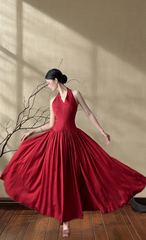 Red halter neck, fitted waist, elegant and sexy long ball gown R8021