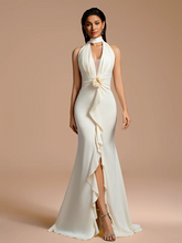 White halter-neck V-neck fitted long ball gown R8885