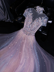 Light purple sequined fitted long ball gown with a cinched waist and full skirt R8735
