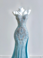 Light blue halter-neck fitted waist bodycon sexy long ball gown R8194