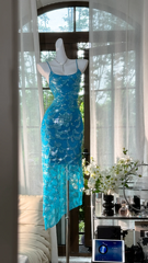 Light blue halter-neck fitted long sequined ball gown R7643