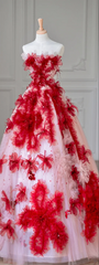 White-based Tube Top with Red Floral Print, Fitted-Waist Slim-Fit Puffy Hem Ball Gown / Bridal Gown R5890
