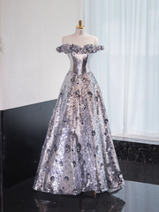 Silver off-the-shoulder fitted long ball gown R8975
