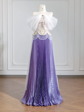 Purple floral strapless cinched waist long ball gown with pleated skirt R8249