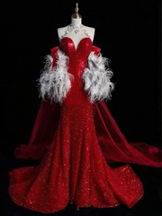 Red halter-neck sequined fitted waist slim-fitting mermaid-style sexy ball gown R6449
