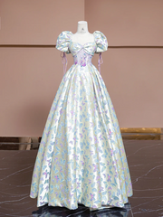 Off-white base with light purple butterfly print, fitted waist, long ball gown with a full skirt R8337