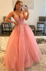 Pink Lace 2023 Prom Dresses Long Sexy Formal Dresses With Beaded S2423