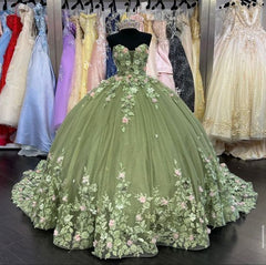 A-line Green Tulle Ball Gown Puffy Sweet 16 Dress 3D Flowers Birthday Dress S2333