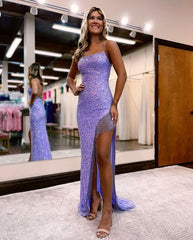 Sparkly Sheath V Neck Lavender Sequins Long Prom Dresses with Beading S2301