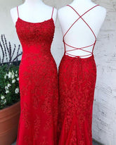 Red Sexy Mermaid V Neck Lace Long Prom Formal Dresses S2421