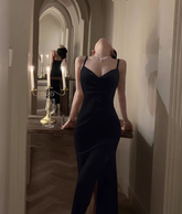 Velvet dress sexy V-neck slim waist with slits inside 2025 new suspender long skirt R1523