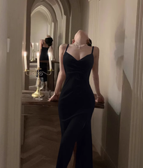 Velvet dress sexy V-neck slim waist with slits inside 2025 new suspender long skirt R1523