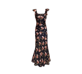 Black small flying sleeve slim floral long skirt 2025 new holiday style French retro dress R0048