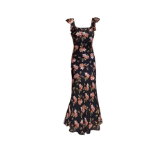 Black small flying sleeve slim floral long skirt 2025 new holiday style French retro dress R0048