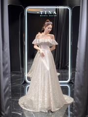 White sequined gentle style one shoulder waist slim A-line skirt bridal dress R6019