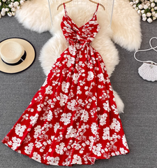 Beach dress super fairy seaside vacation long skirt V neck A line suspender dress R0342