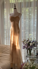 Light brown halter-neck long ball gown R7756