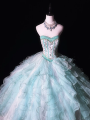 Light blue strapless, fitted waist, full skirt, long ball gown R8677