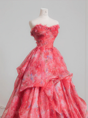Pink floral strapless cinched waist ball gown with a full skirt R8230