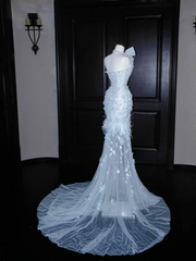 Light blue tube top slim waist fairy sexy long skirt, prom dress R5655