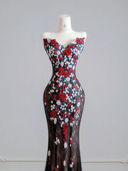 Black 3D floral long ball gown with a fitted waist and hips R8143