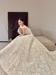 White Strapless Lace Waist Slim Fit Puffy Princess Skirt Bridal Dress R6051