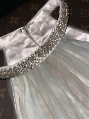 White halter-neck, fitted waist, elegant floor-length ball gown R6410