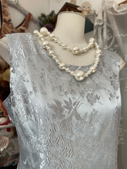 Grey satin printed sleeveless fitted A-line long dress, ball gown R6290