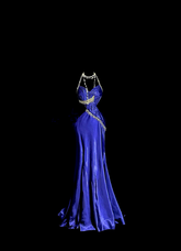 Sexy long ball gown with blue halter neck and exposed waist design R6610