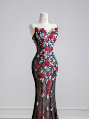 Black 3D floral long ball gown with a fitted waist and hips R8143