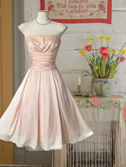 Pink strapless fitted satin mini dress, ball gown R6251