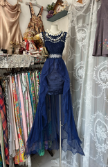 Blue sleeveless lace slim waist irregular skirt short ball gown R6211