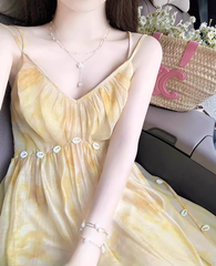 Tea break French gentle style platycodon yellow sling dress temperament slim long skirt R1642