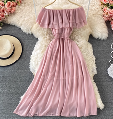 Bali resort beach slim long skirt sexy off-shoulder one-shoulder ruffled chiffon dress R0326