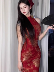 New Chinese style sleeveless cheongsam skirt 2025 large size sexy slim hip long skirt R1223