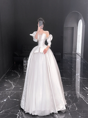 White satin one-shoulder slim waist tulle skirt bridal dress R6024