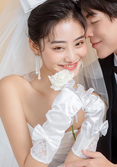 Off-white lace bow mid-length wedding dress banquet dinner gloves S6243