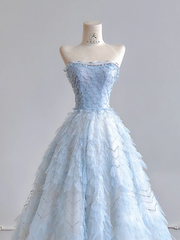 Light blue strapless, fitted waist, full skirt, long ball gown R8196
