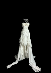 White one-shoulder halter-neck fitted waist slim-fitting ball gown with an asymmetrical hem R6651